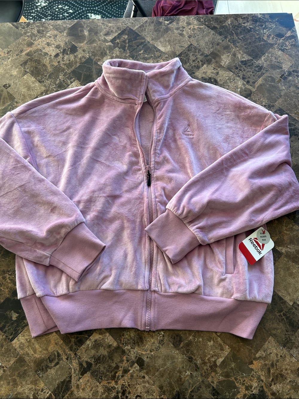 NWT 🆕 Reebok Women's Dusty Pink Velour Full Zip, Relaxed Track Jacket size XL